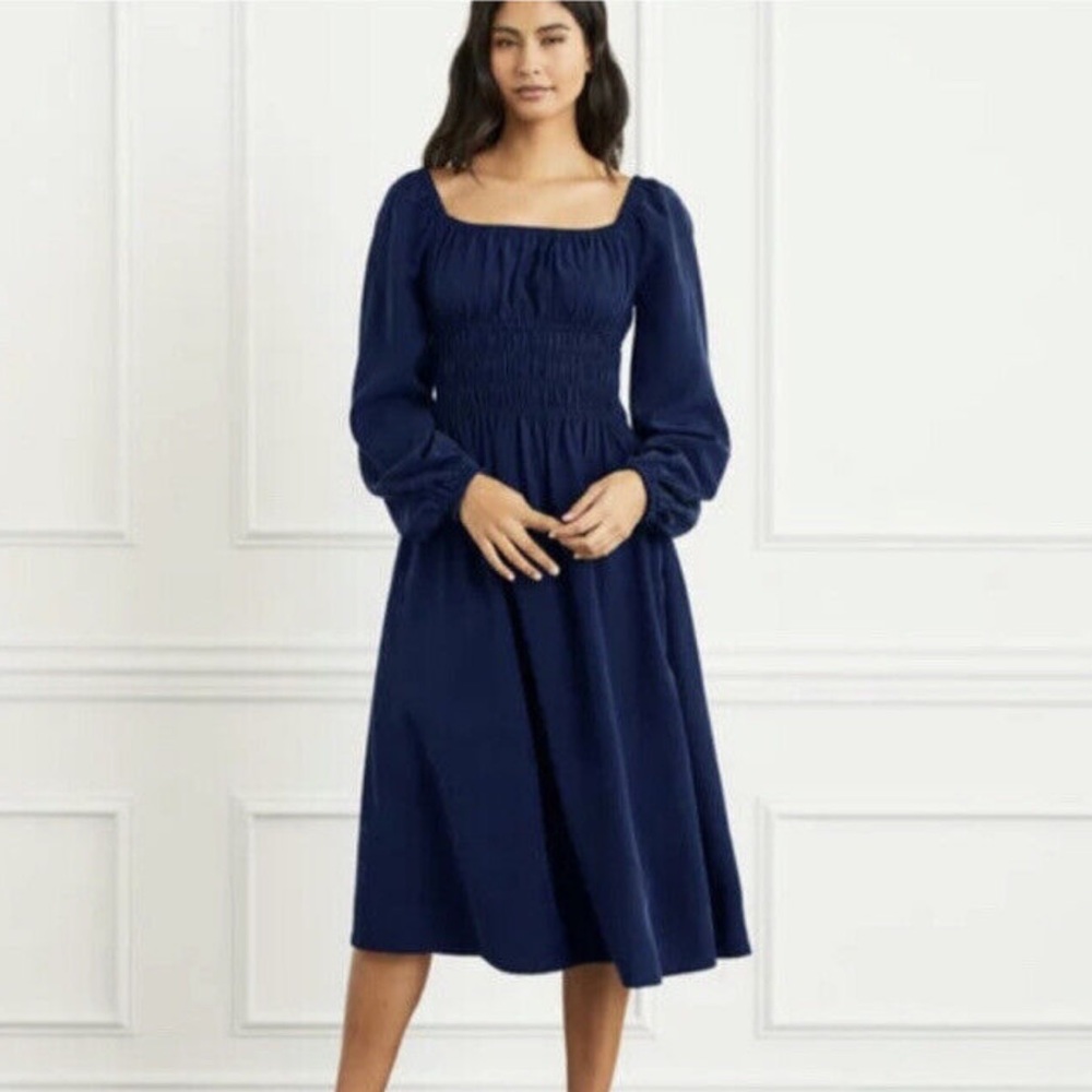 Hill House Navy Blue Long Sleeve Smocked Midi Dress